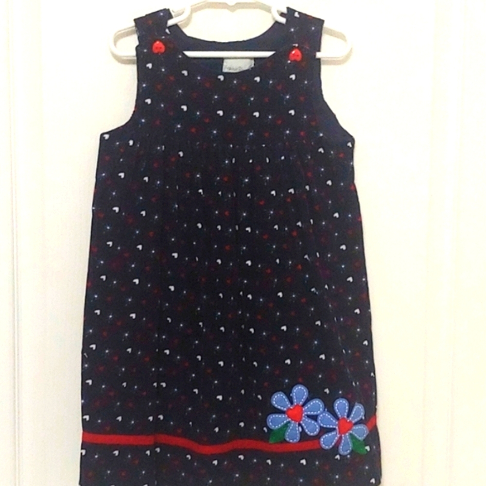 💗 Sophie Rose Navy Blue Pinwhale Corduroy Jumper Dress. Heart print. Size 5